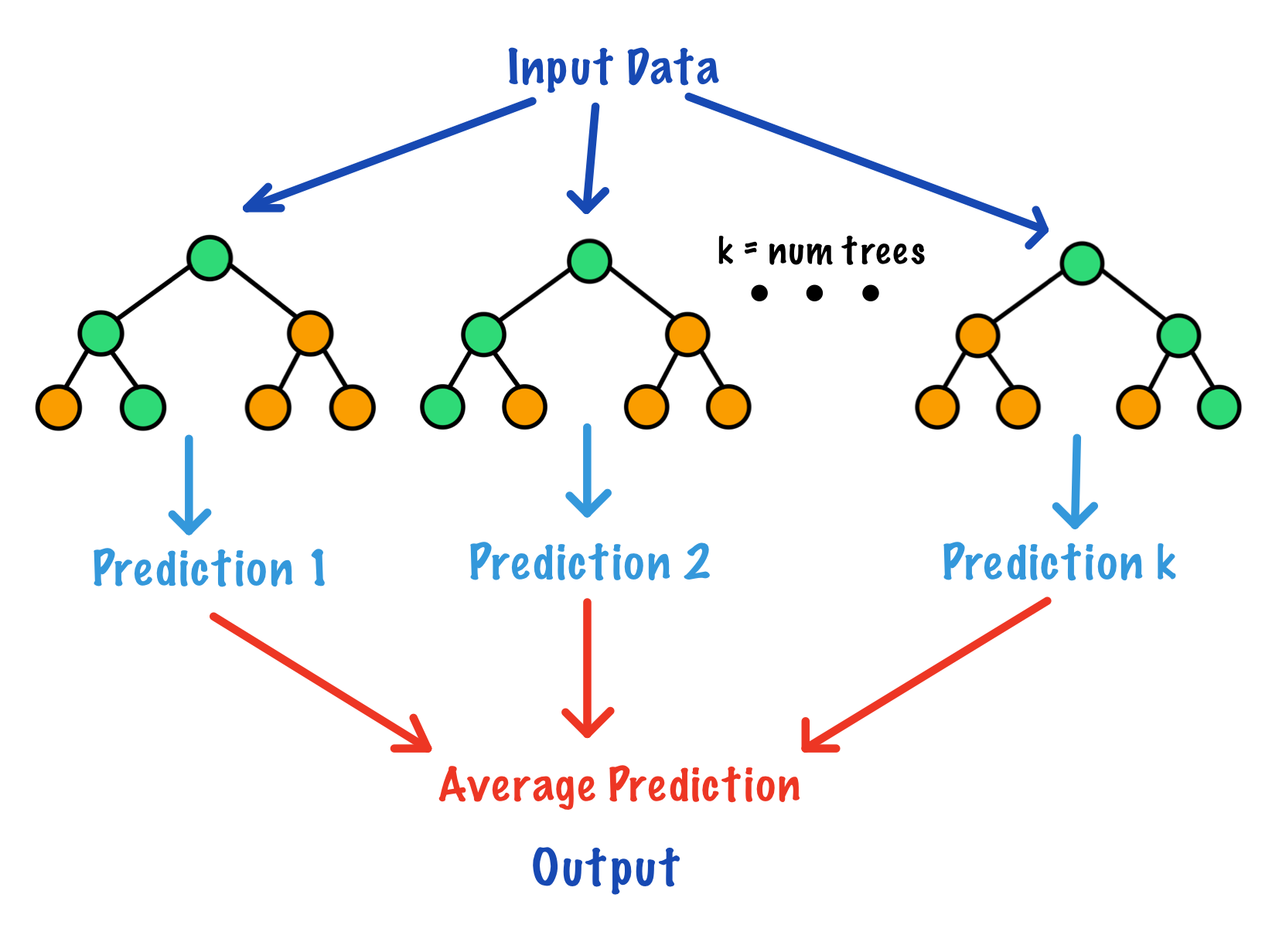 The basic infrastructure of a random forest model consists of an ensemble of uncorrelated decision trees that work together to make predictions on an outcome of interest.